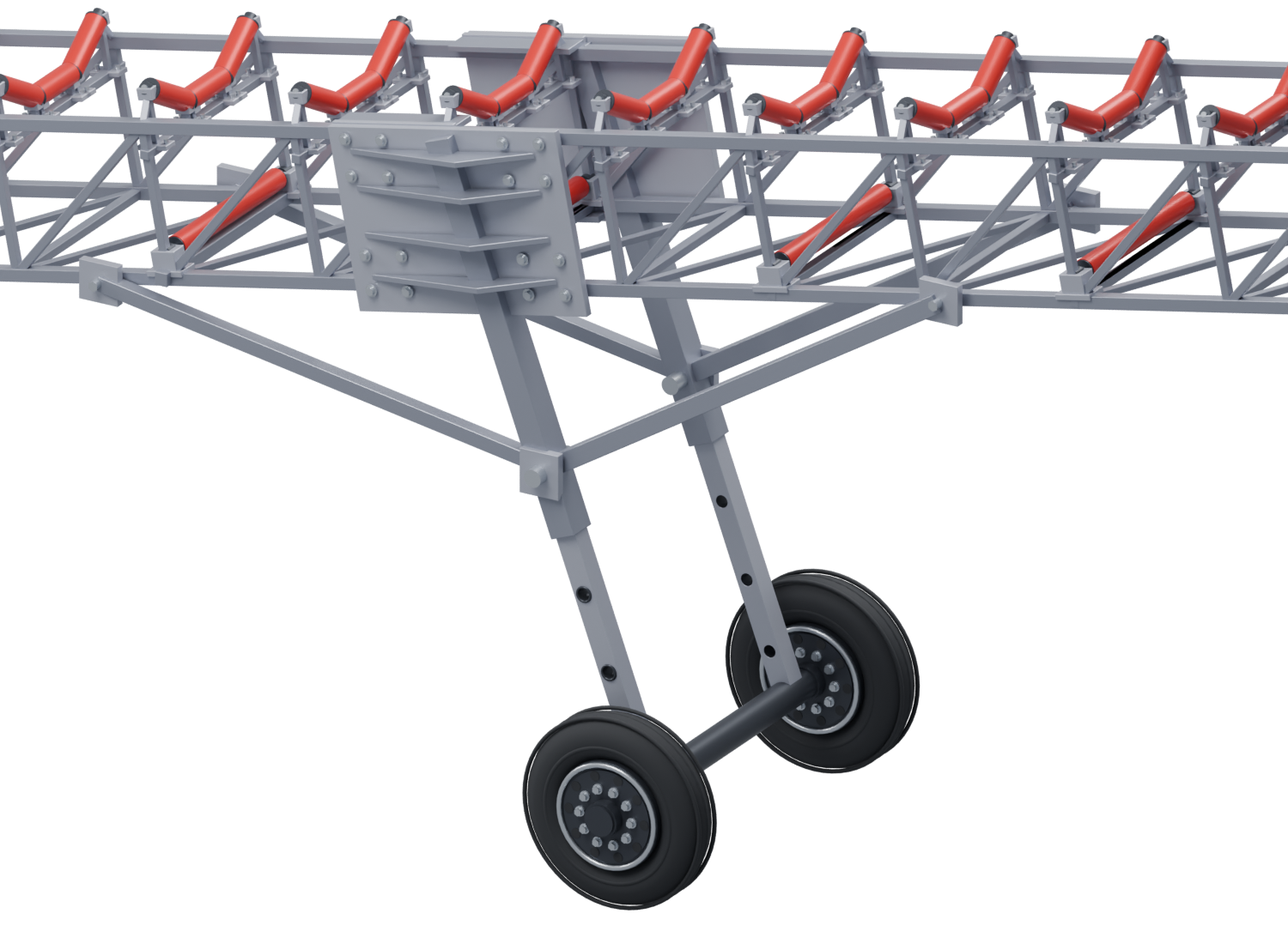 Reinforced mounting plates, braced support columns, adjustment holes, axle, and detailed wheel hubs.