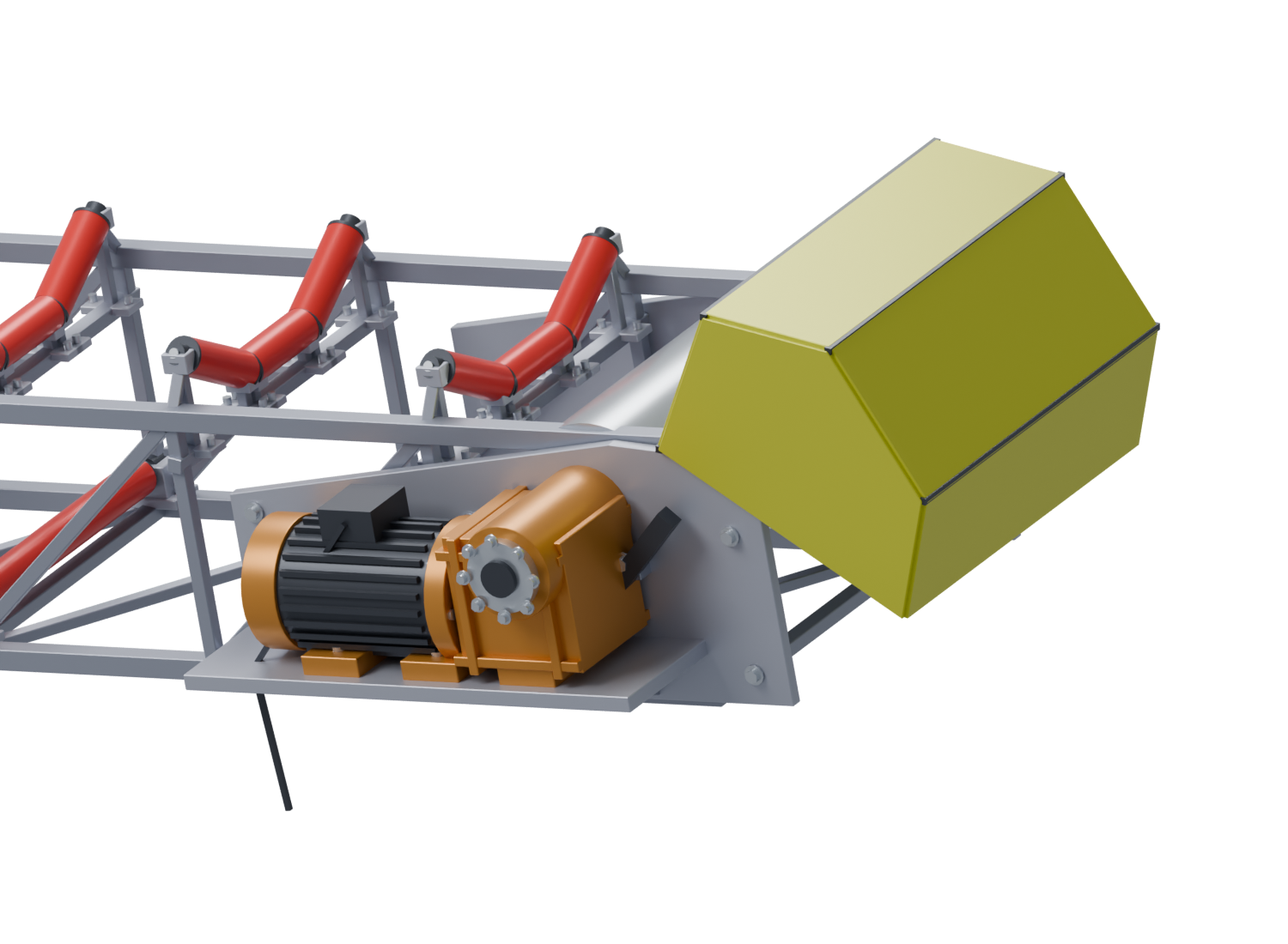 Finned motor, gearbox flanges and fasteners, drum bearings, and a folded discharge guard.