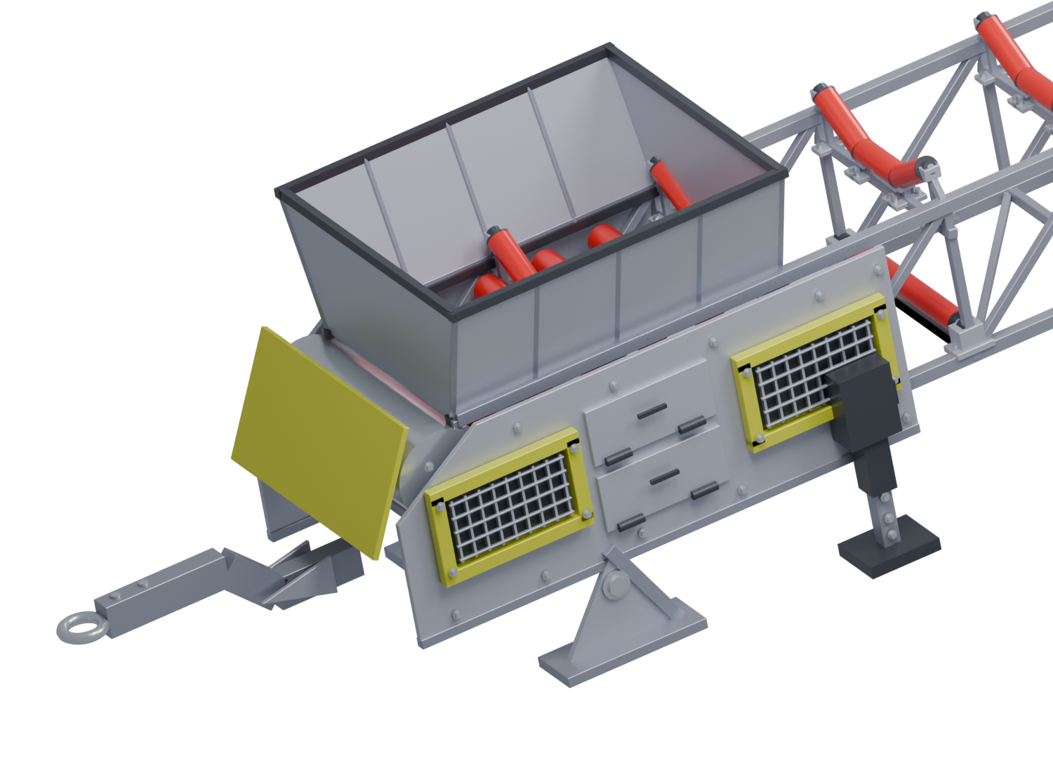 Flared receiving hopper, folded side panels, screened access windows, stabilizer feet, and an open towing eye.