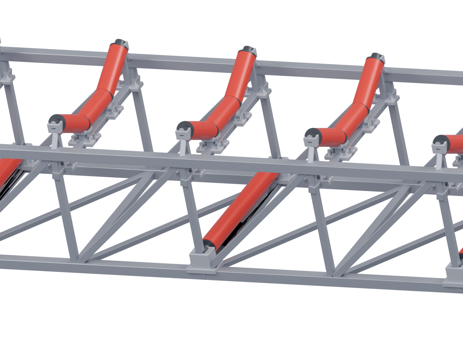 Three-piece troughing red rollers with axle ends, bearing pedestals, anchor bolts, and supports connected to both side frames.